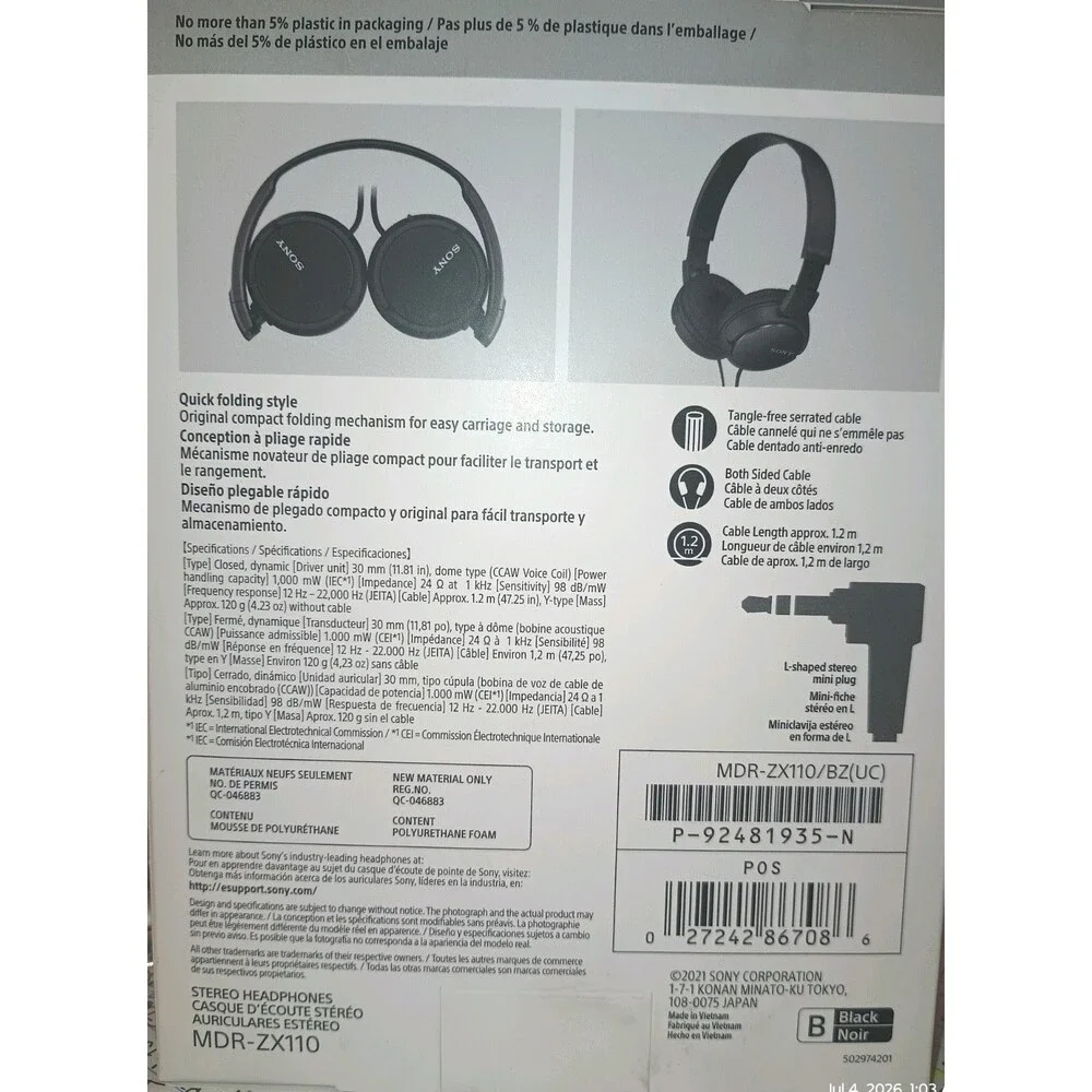 Sony MDR-ZX110 Black Wired 3.5mm Headphones 30mm Drivers. NEW In Box (P0062B6)